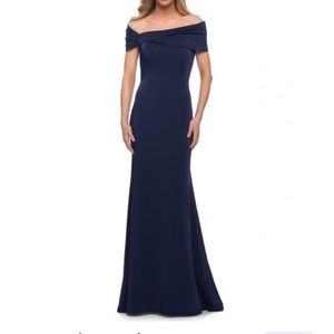 NEW La Femme off shoulder blue dress gown maxi 12 29537